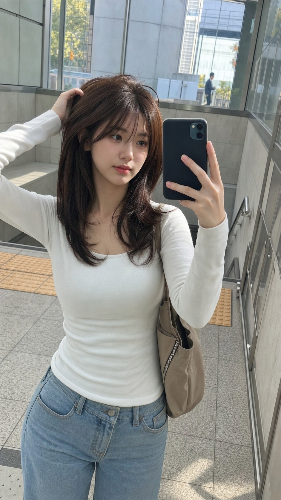 지하철역 거울 셀카로 본 노윤서 느낌 중단발