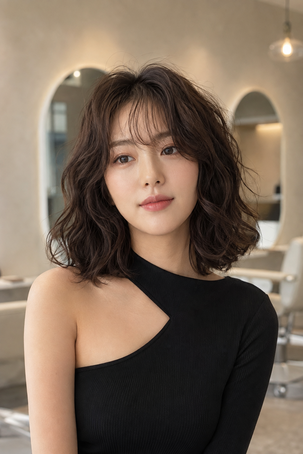 중단발 굵은히피펌의 대표적인 볼륨감과 물결감을 보여주는 이미지