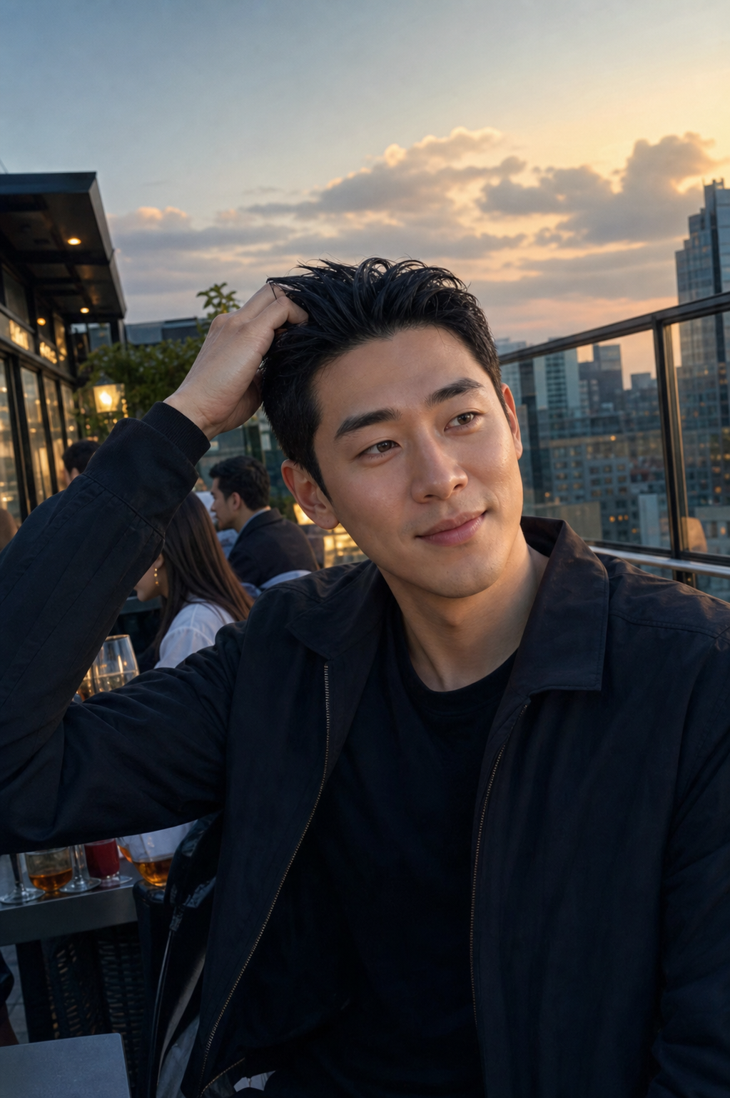 노을빛 루프탑에서 보이는 짧은 올백 분위기