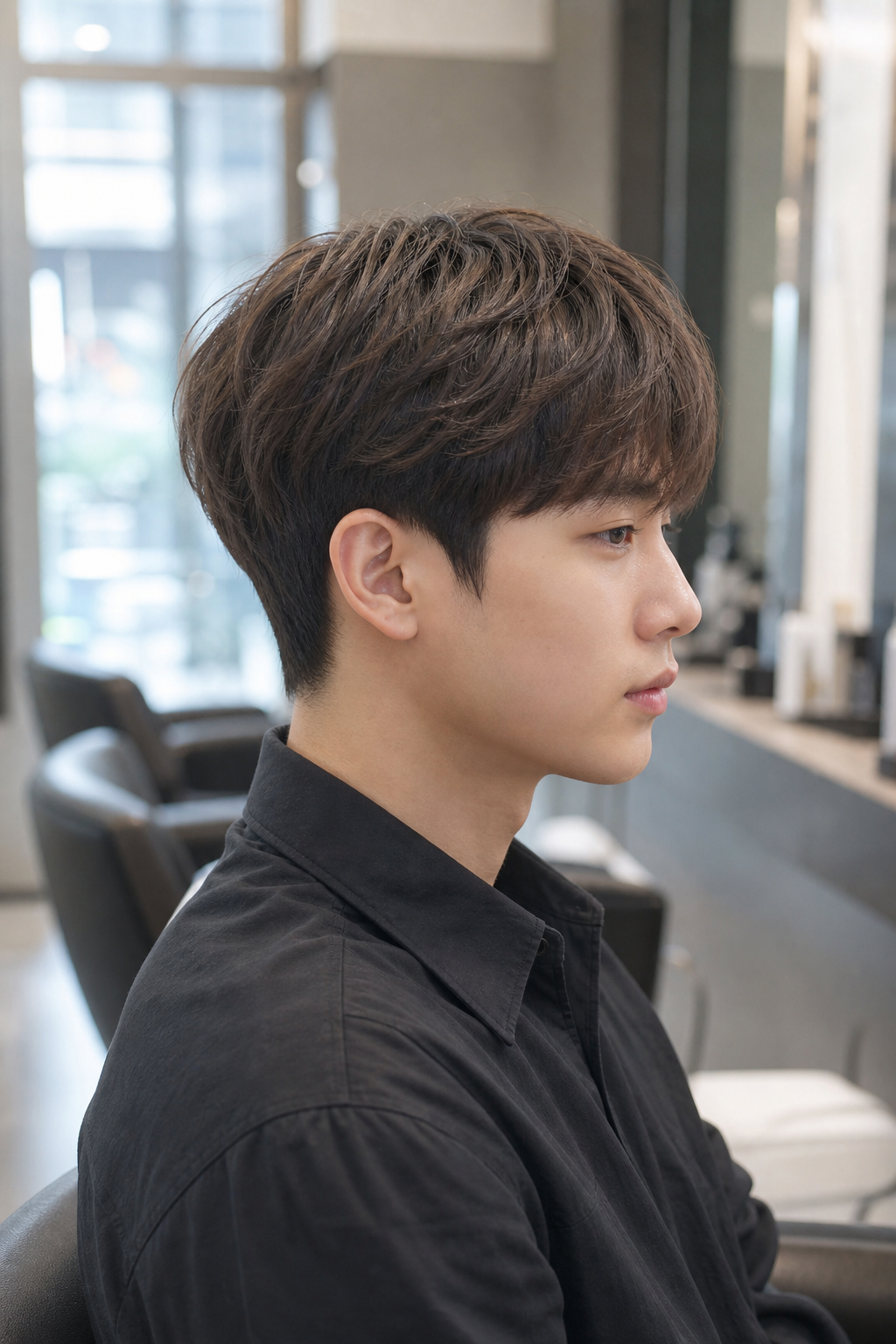 깔끔하면서도 부드러운 라인이 돋보이는 소프트 투블럭 내림머리
