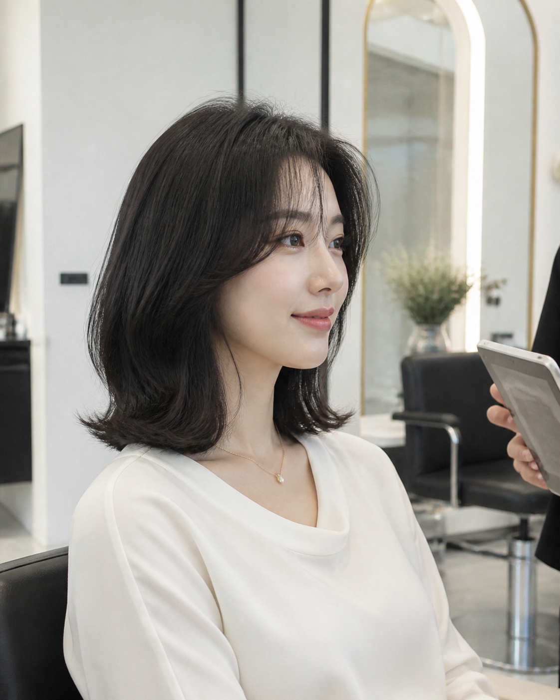 단발 디지털펌 상담 장면
