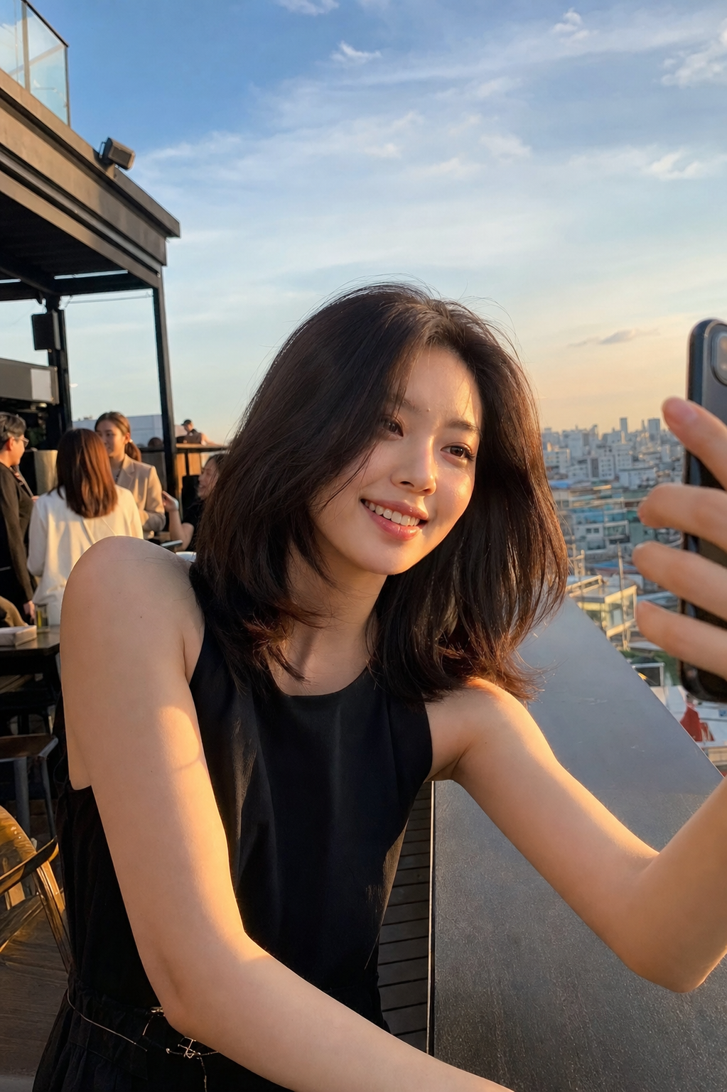 노을빛 루프탑에서 드러나는 자연스러운 웨이브