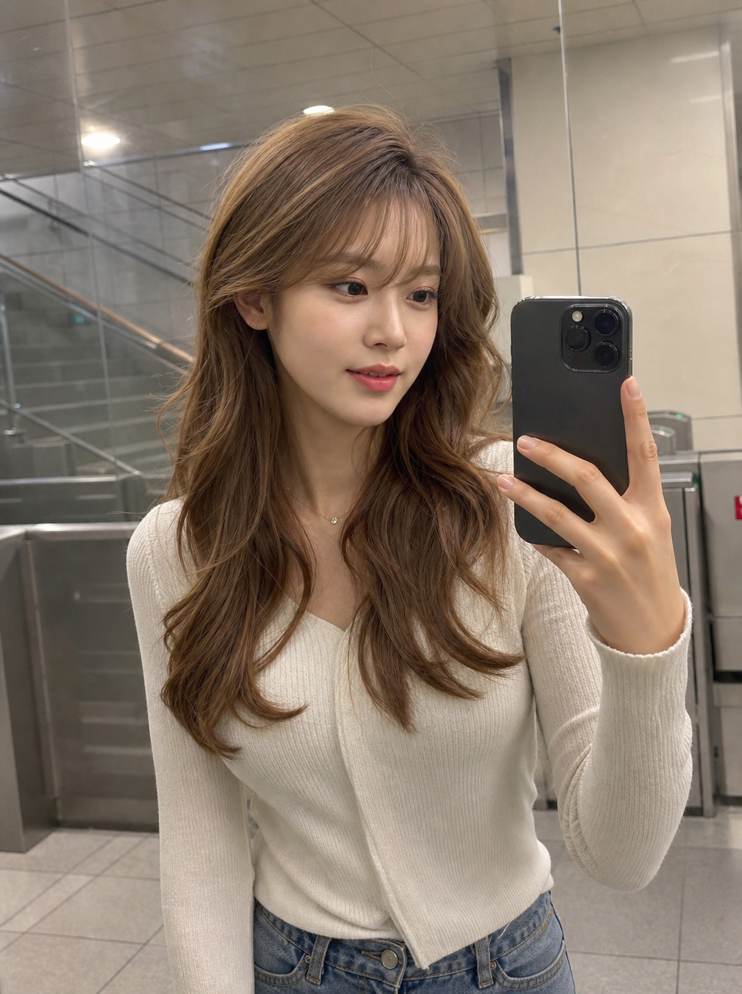 거울 셀카로 확인하는 얼굴선 정돈 스타일
