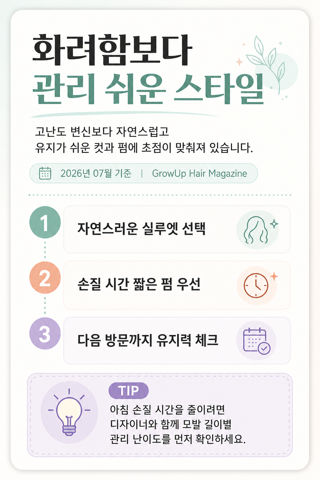 화려함보다 관리 쉬운 스타일 — 고난도 변신보다 자연스럽고 유지가 쉬운 컷과 펌에 초점이 맞춰져 있습니다.