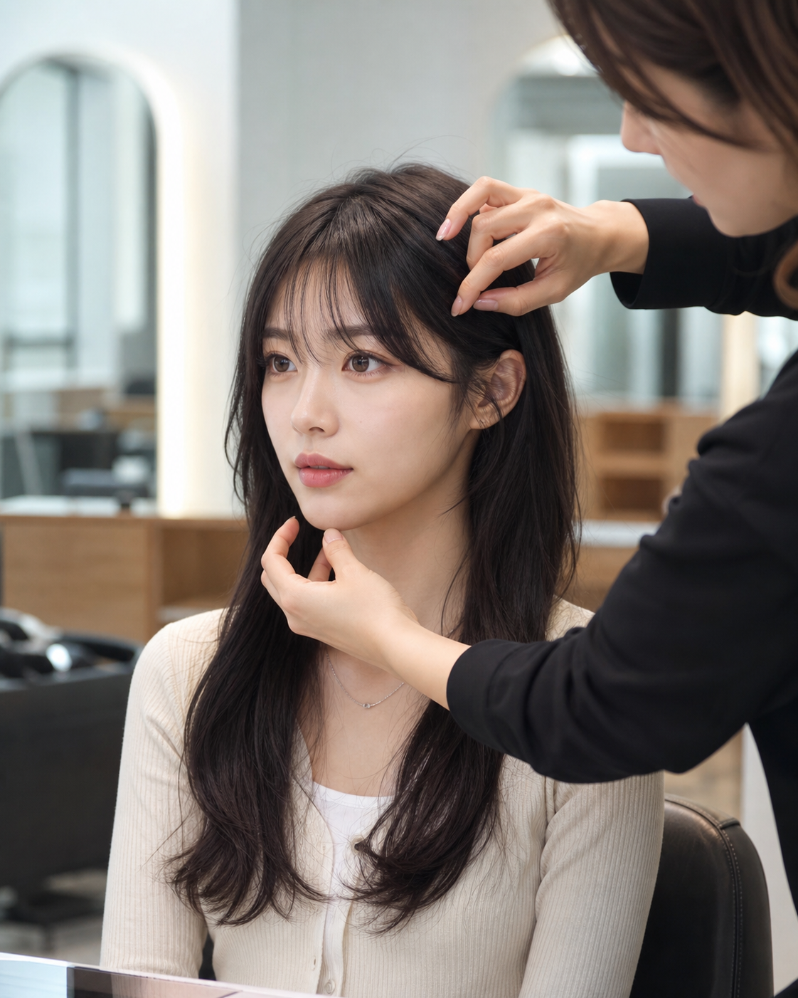 시술 전 얼굴형과 모발 상태를 상담하는 장면