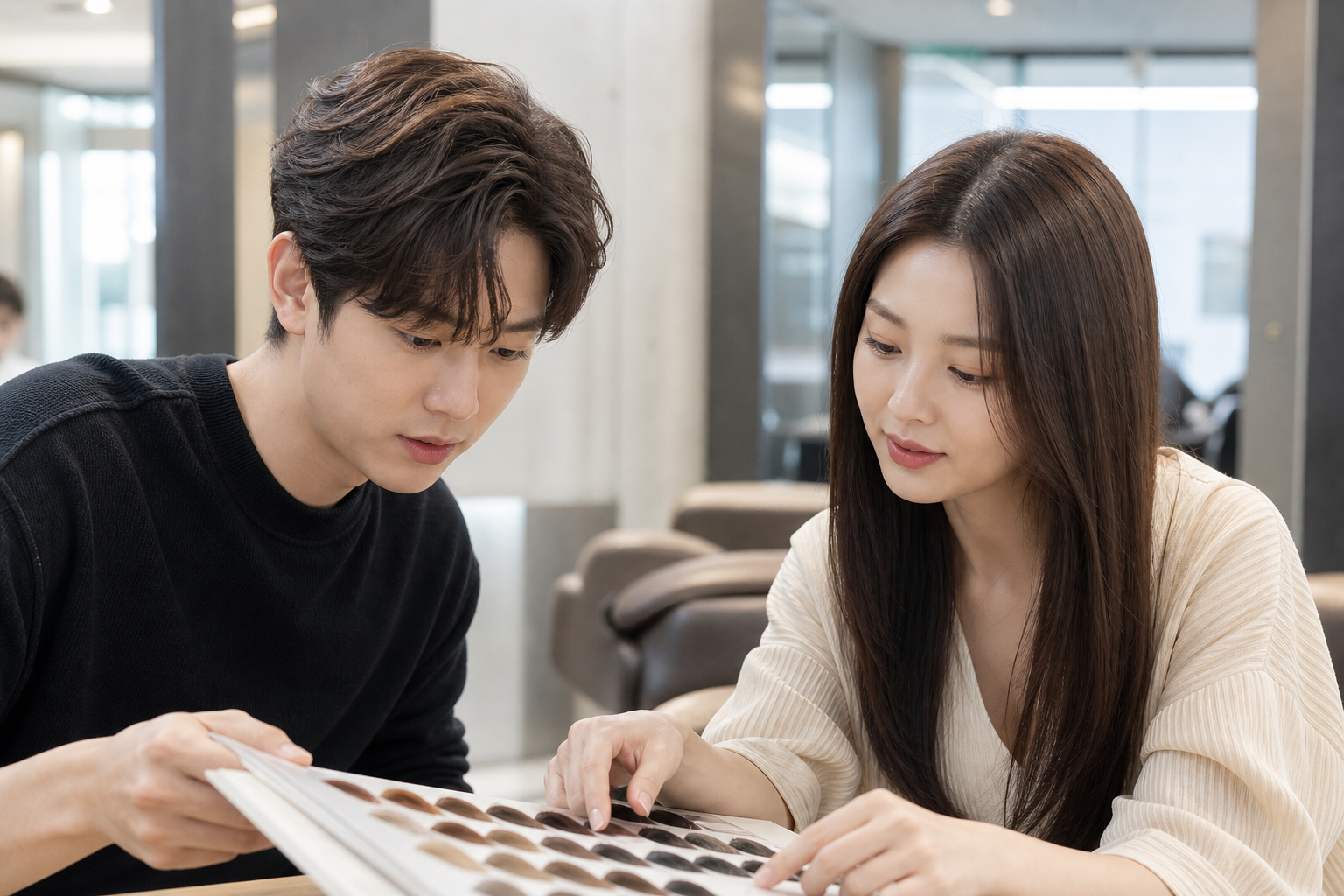 새치 커버용 색상 비교와 상담 장면