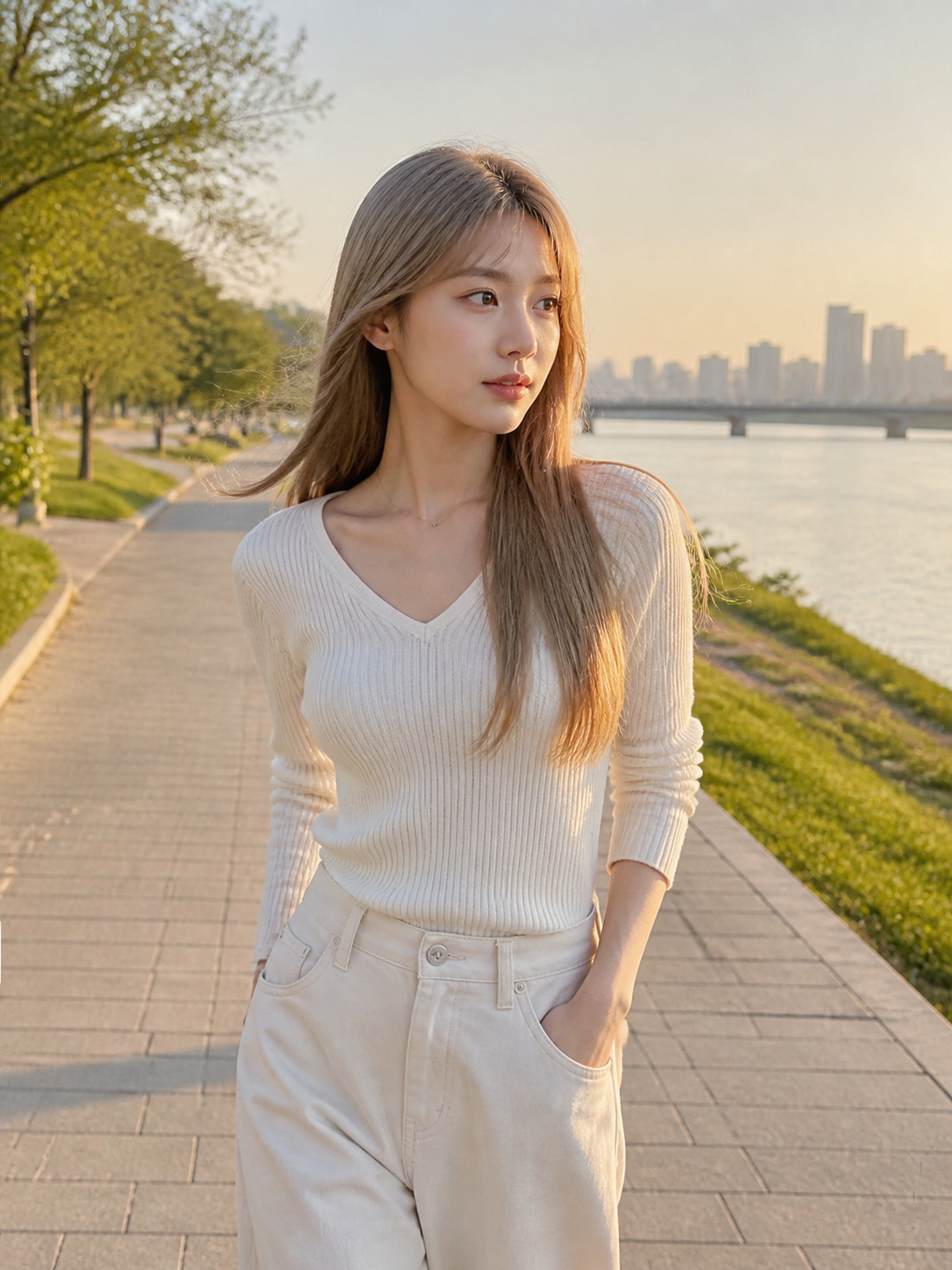 한강 산책 중 보이는 차분한 롱 헤어