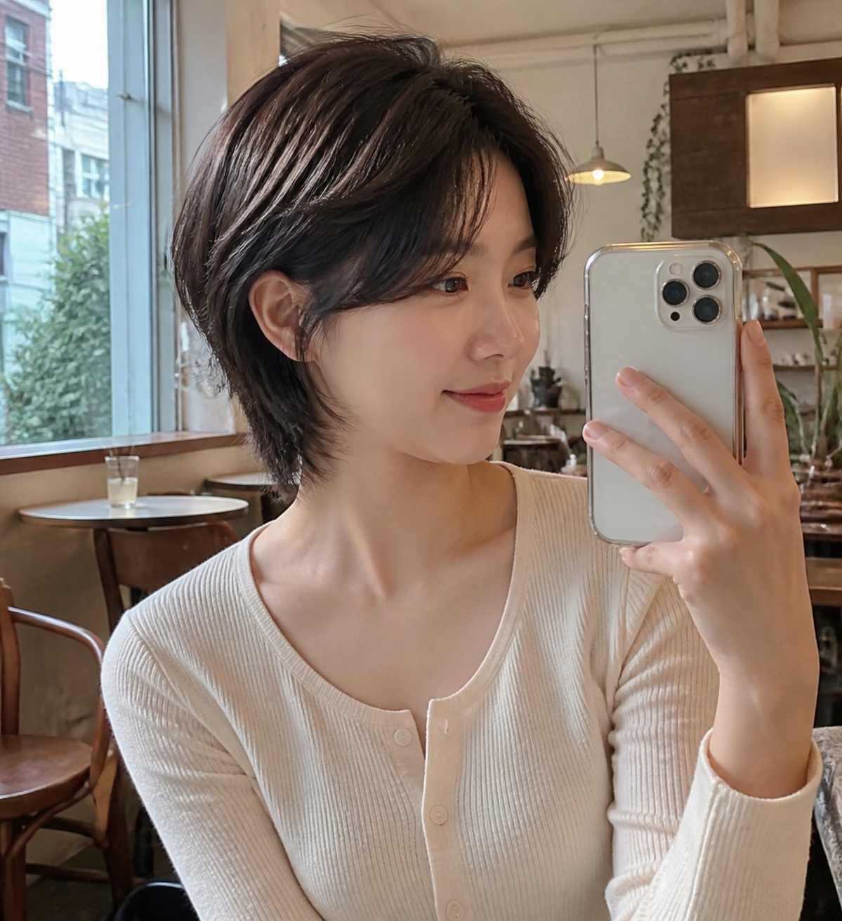 카페 거울 셀카, 자연스러운 레이어드와 볼륨감