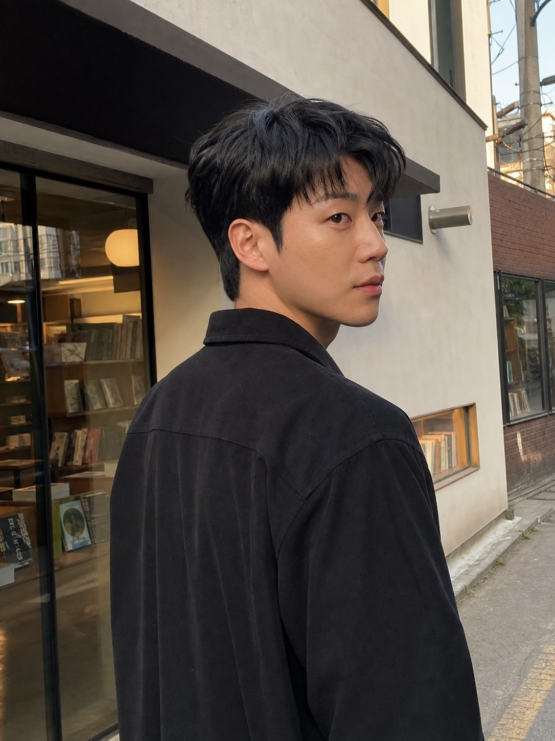서점 앞 로우앵글, 부드럽고 정돈된 인상 강조