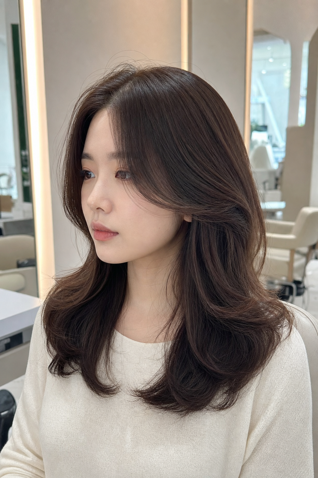 슬릭 롱레이어드 생머리에 굵은 웨이브를 더한 변형 스타일