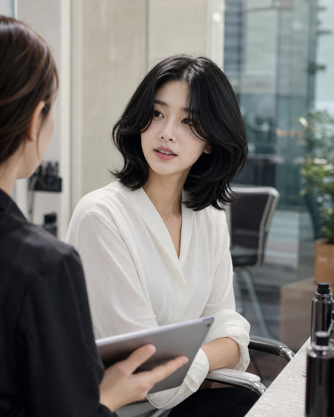 미용실에서 헤어 상담하는 여성, 디자이너와 대화, 헤어스타일 샘플 이미지, 편안한 분위기, with layered silhouette, soft C-curl finish, natu