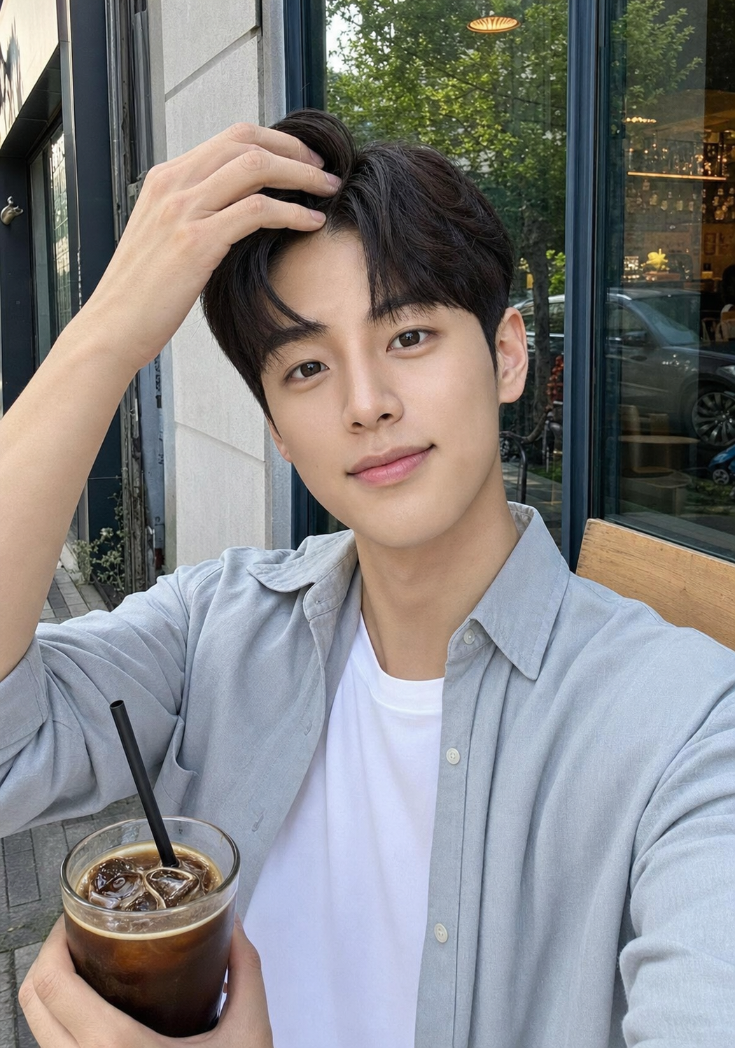 카페 앞에서 자연광으로 담은 자연스러운 깐머리 스냅