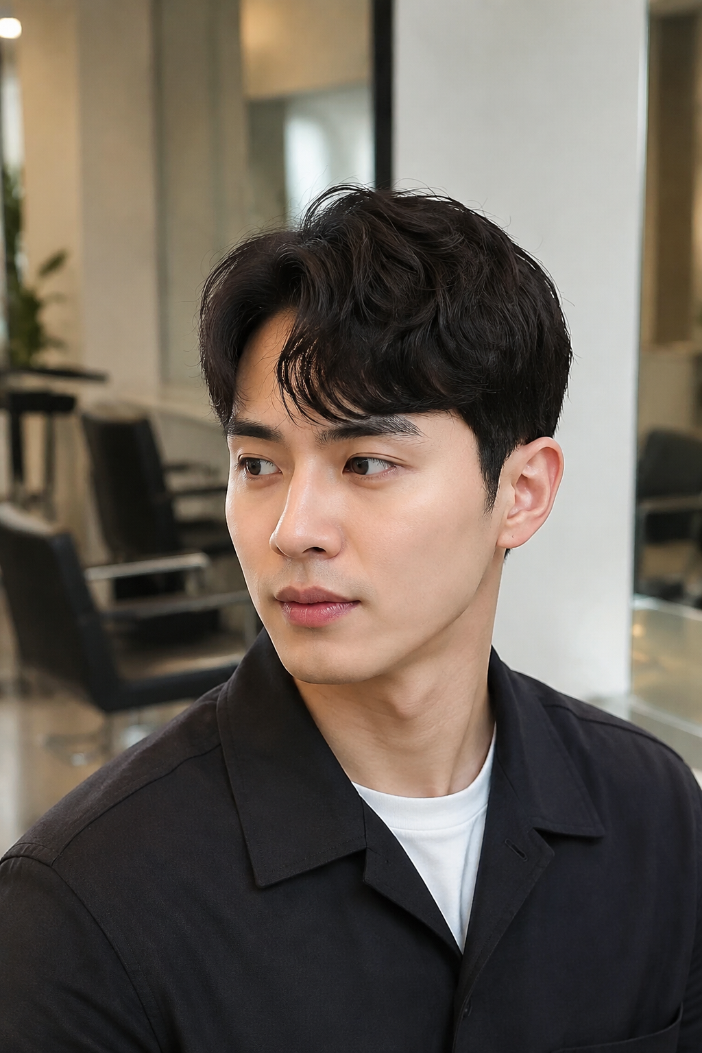 자연스러운 볼륨과 가르마 느낌이 살아 있는 아이롱펌 스타일