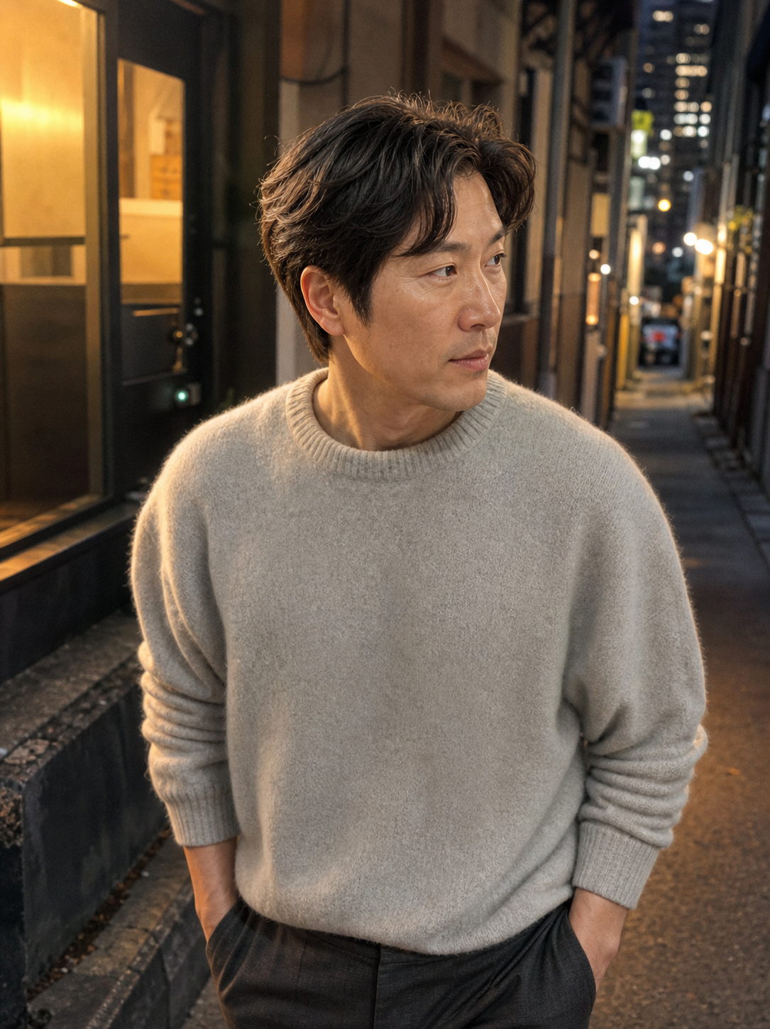 골목길에서 포착한 자연스러운 반신 스냅