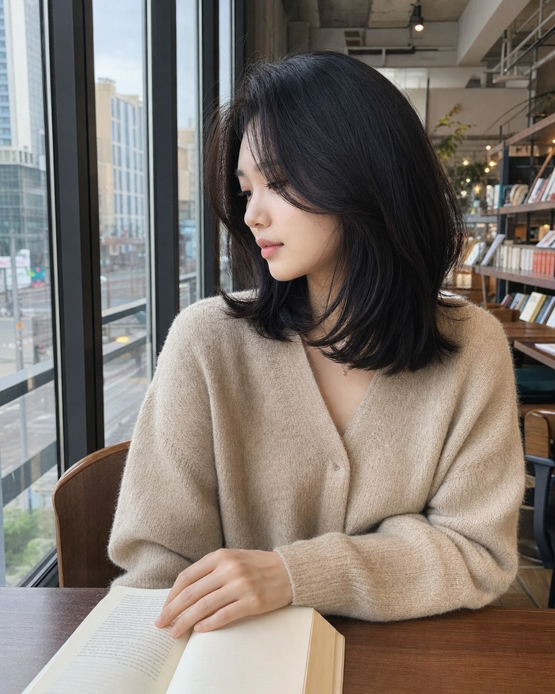 서점 카페 분위기의 단정한 레이어드 C컬