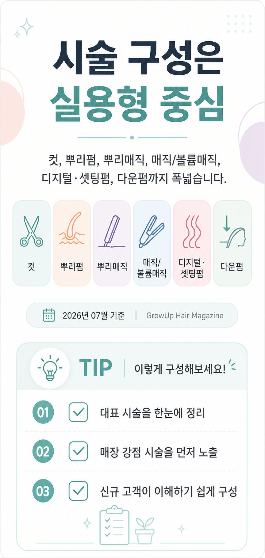 시술 구성은 실용형 중심 — 컷, 뿌리펌, 뿌리매직, 매직/볼륨매직, 디지털·셋팅펌, 다운펌까지 폭넓습니다.