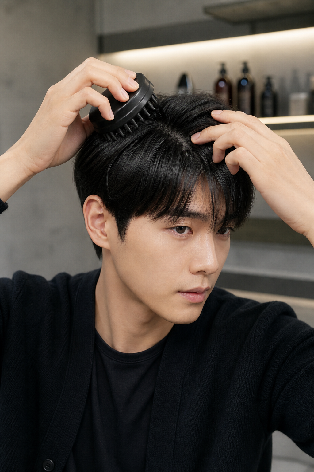 두피 브러시나 토닉으로 섬세하게 두피를 관리하는 모습
