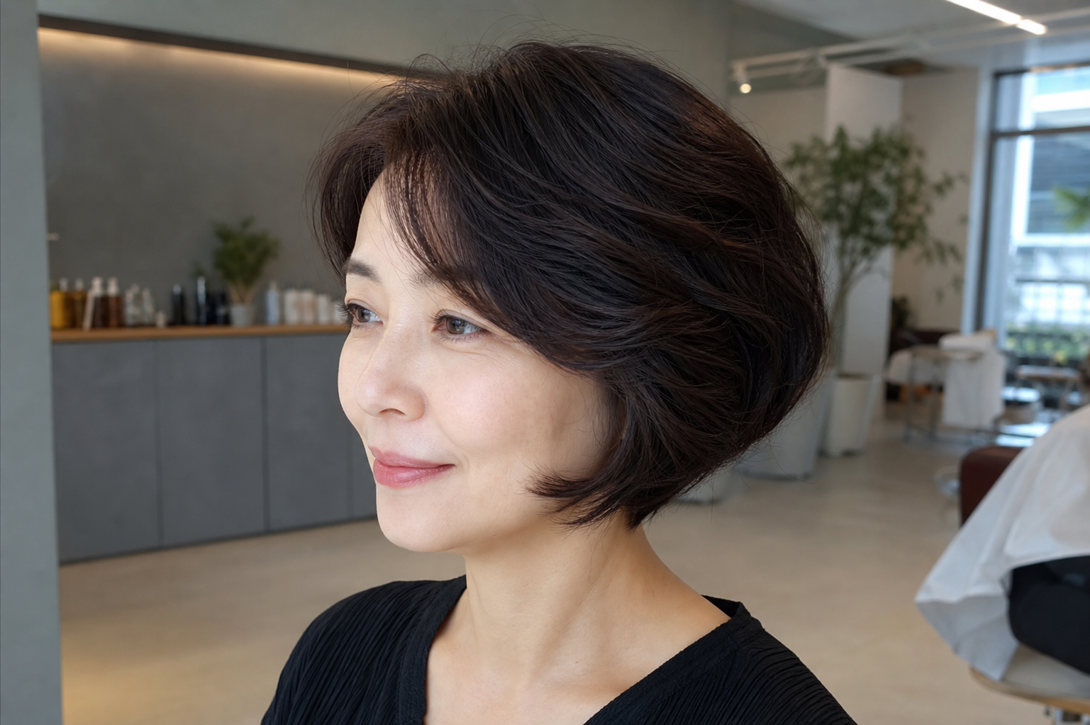 자연스러운 다크브라운 톤으로 커버된 새치 염색 결과