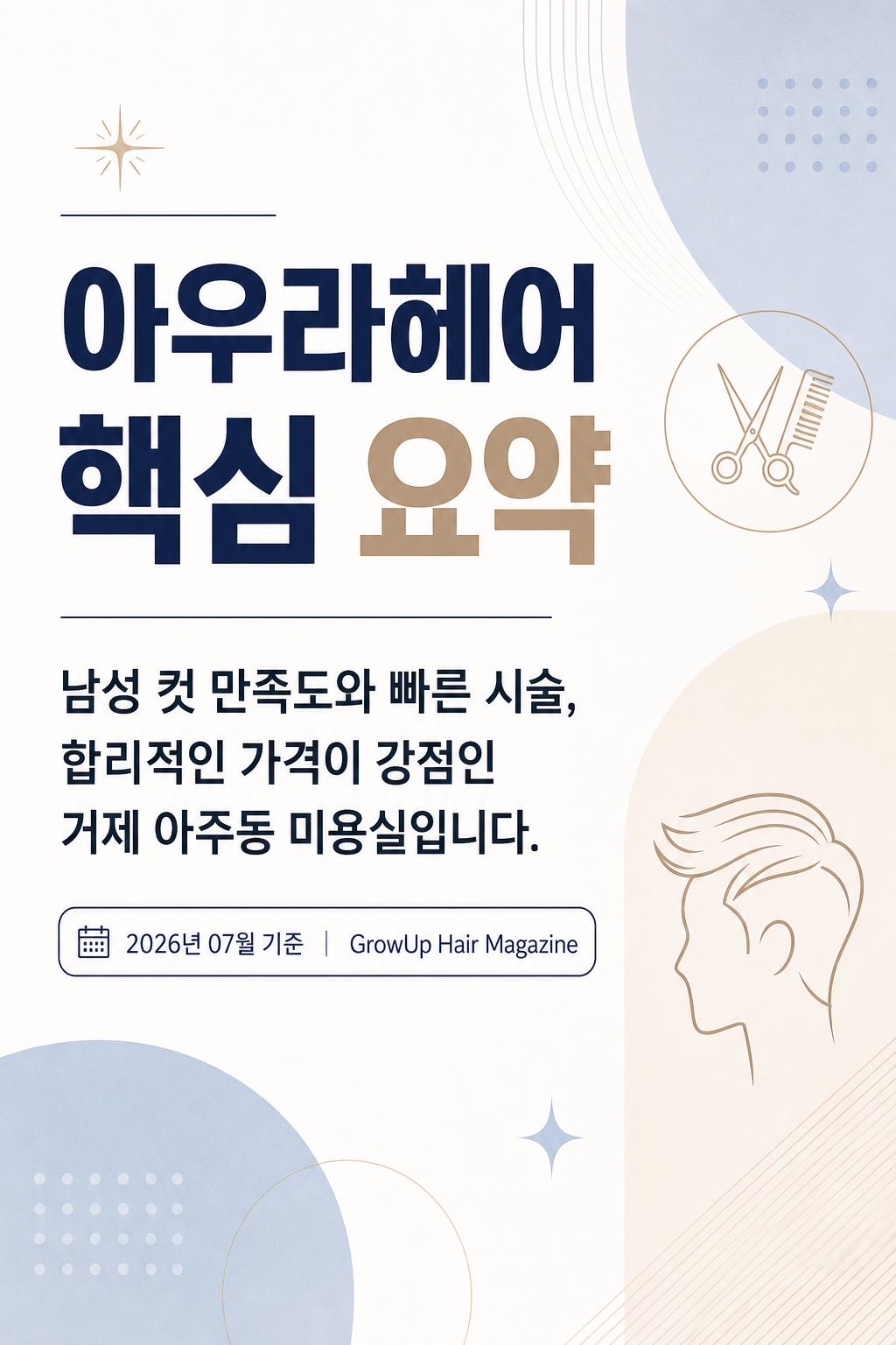 아우라헤어 핵심 요약 — 남성 컷 만족도와 빠른 시술, 합리적인 가격이 강점인 거제 아주동 미용실입니다.