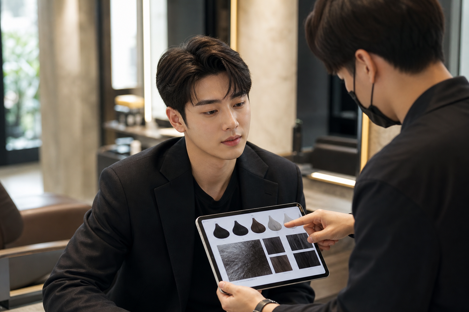 새치커버샴푸와 미용실 염색을 비교하는 상담 이미지