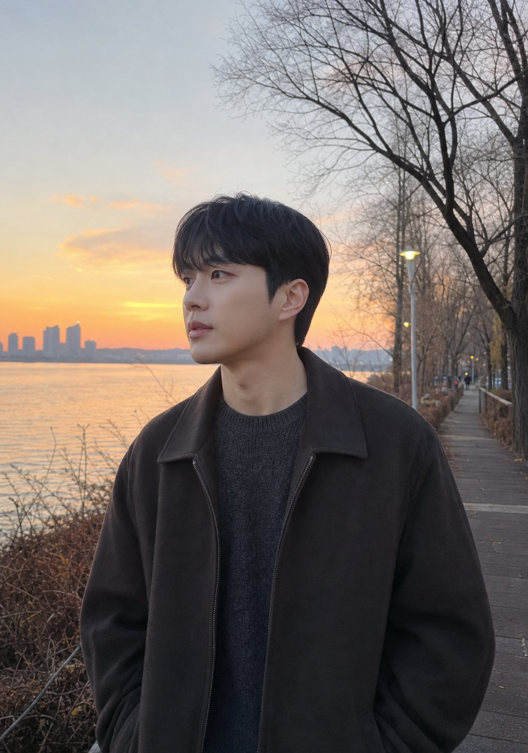 한강 산책 중 가르마 흐름이 보이는 일상 스냅