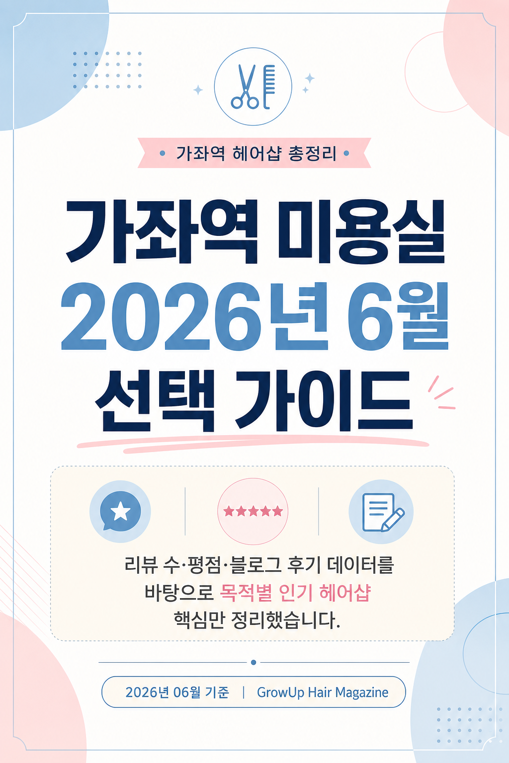 가좌역 미용실 2026년 6월 선택 가이드 — 리뷰 수·평점·블로그 후기 데이터를 바탕으로 목적별 인기 헤어샵 핵심만 정리했습니다.