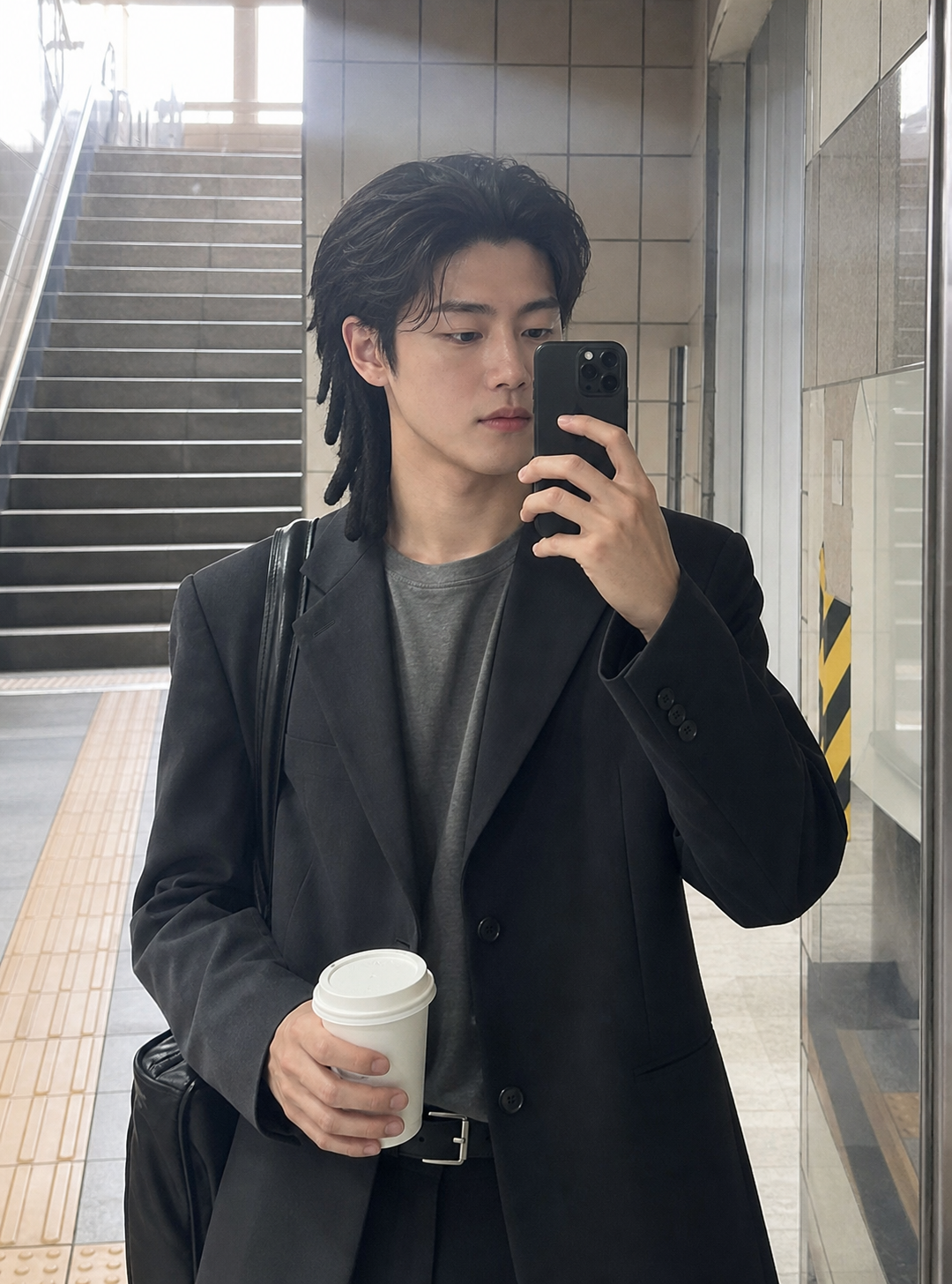 지하철역 거울 셀카 느낌의 정돈된 댄디 스타일