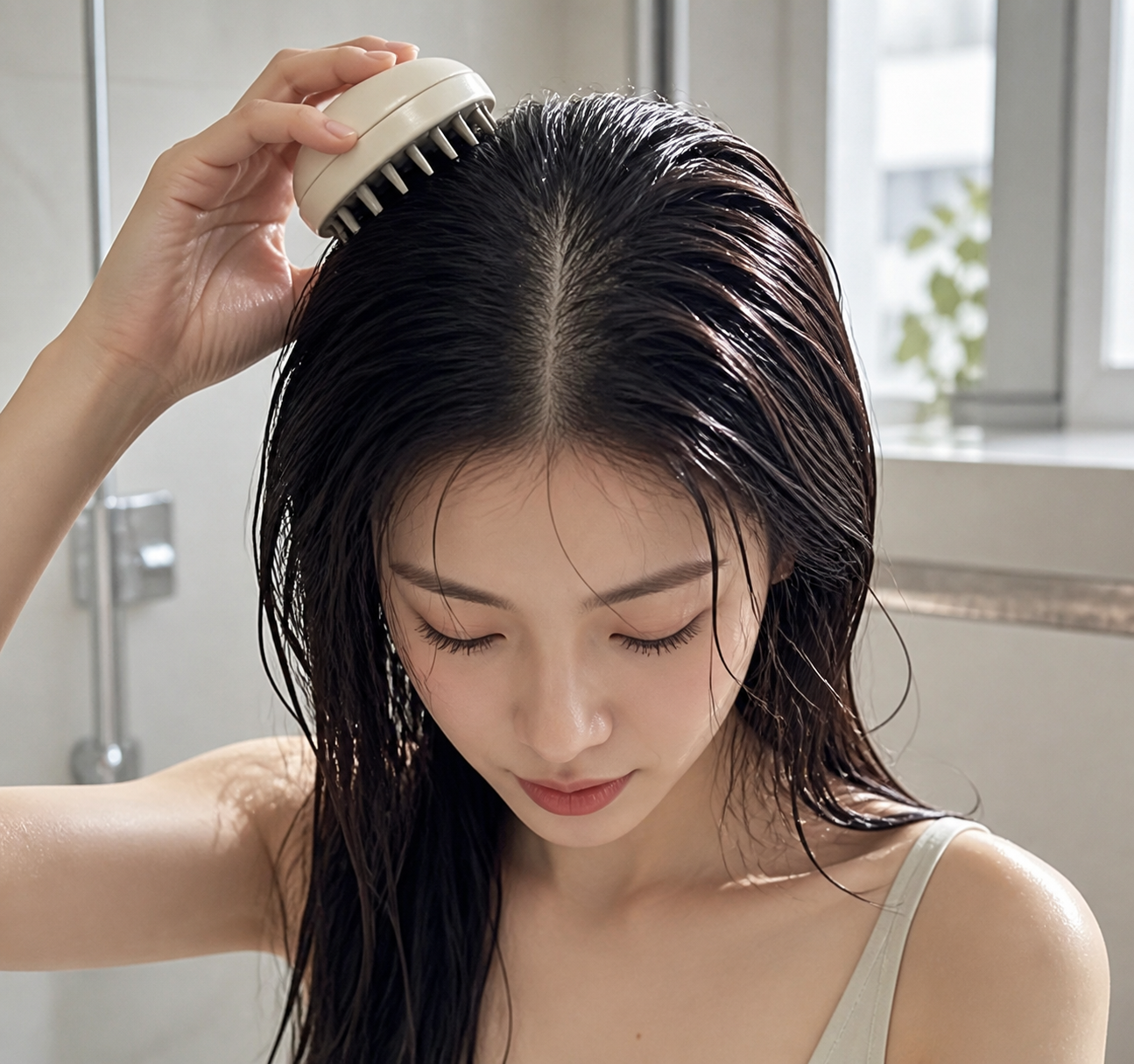 젖은 머리에 두피마사지기를 사용하는 일상적인 두피 관리 장면