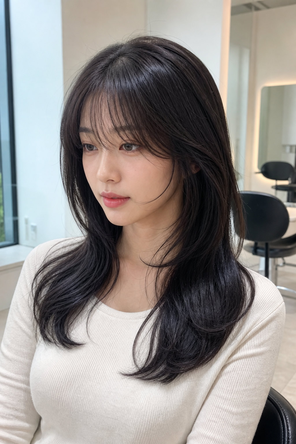 눈썹선 앞머리와 얼굴선 레이어드가 보이는 자연스러운 긴머리
