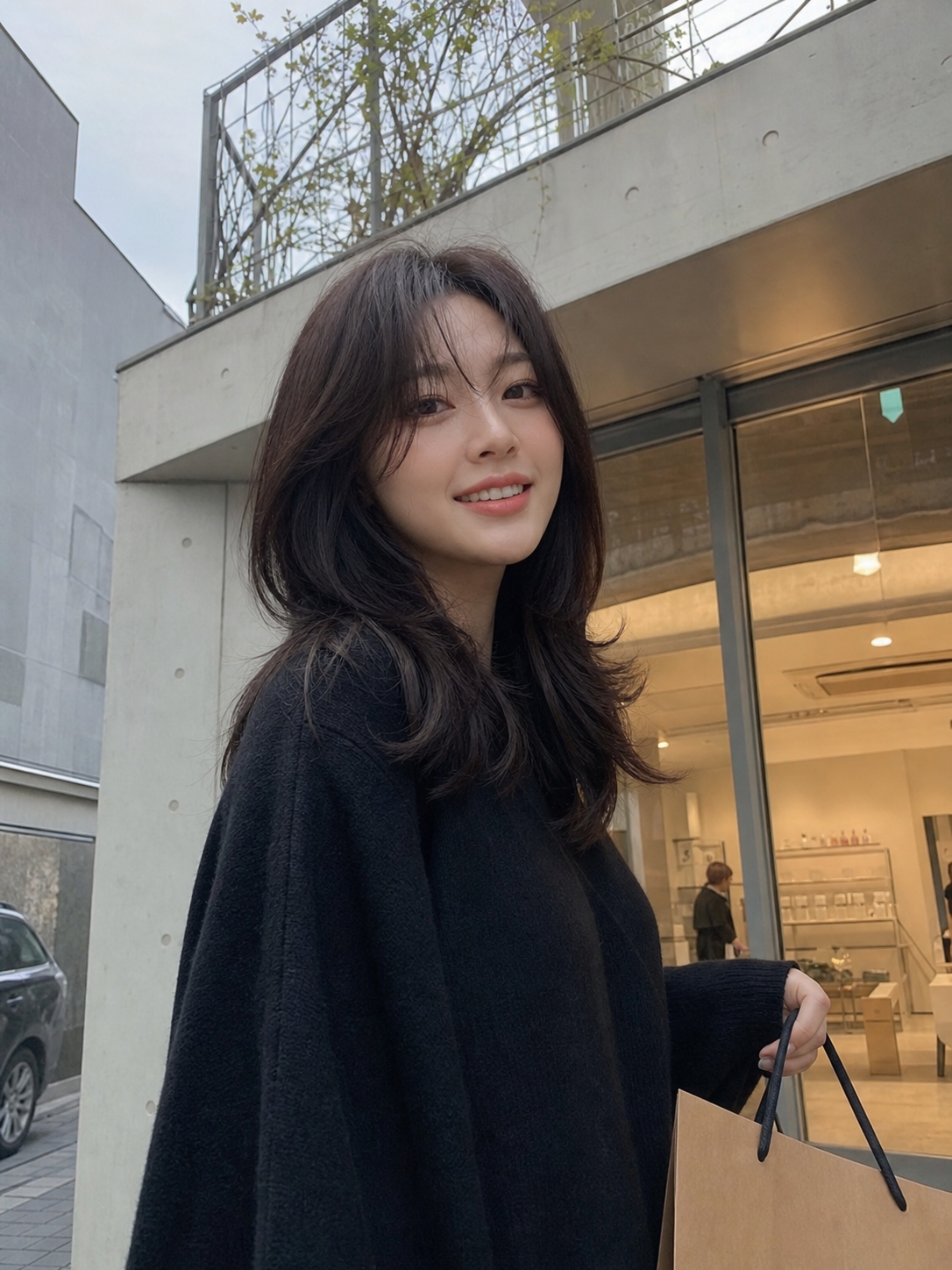 편집샵 앞에서 담은 세련된 레이어드 무드