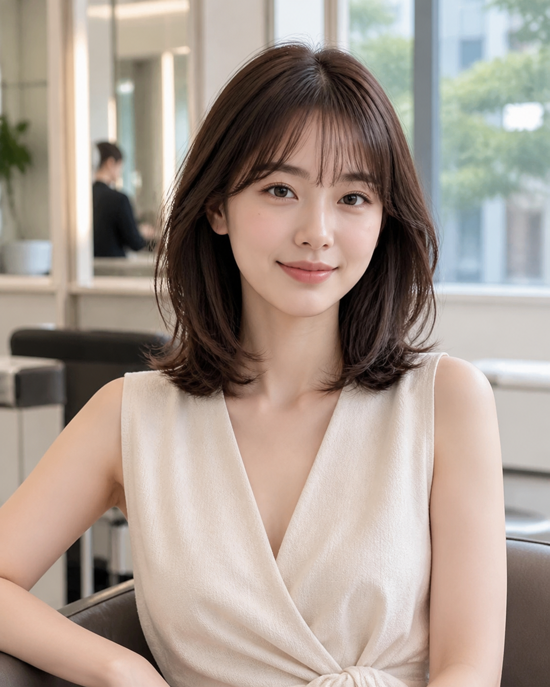 레이어를 섞은 중단발C컬펌의 얼굴형 보정 느낌