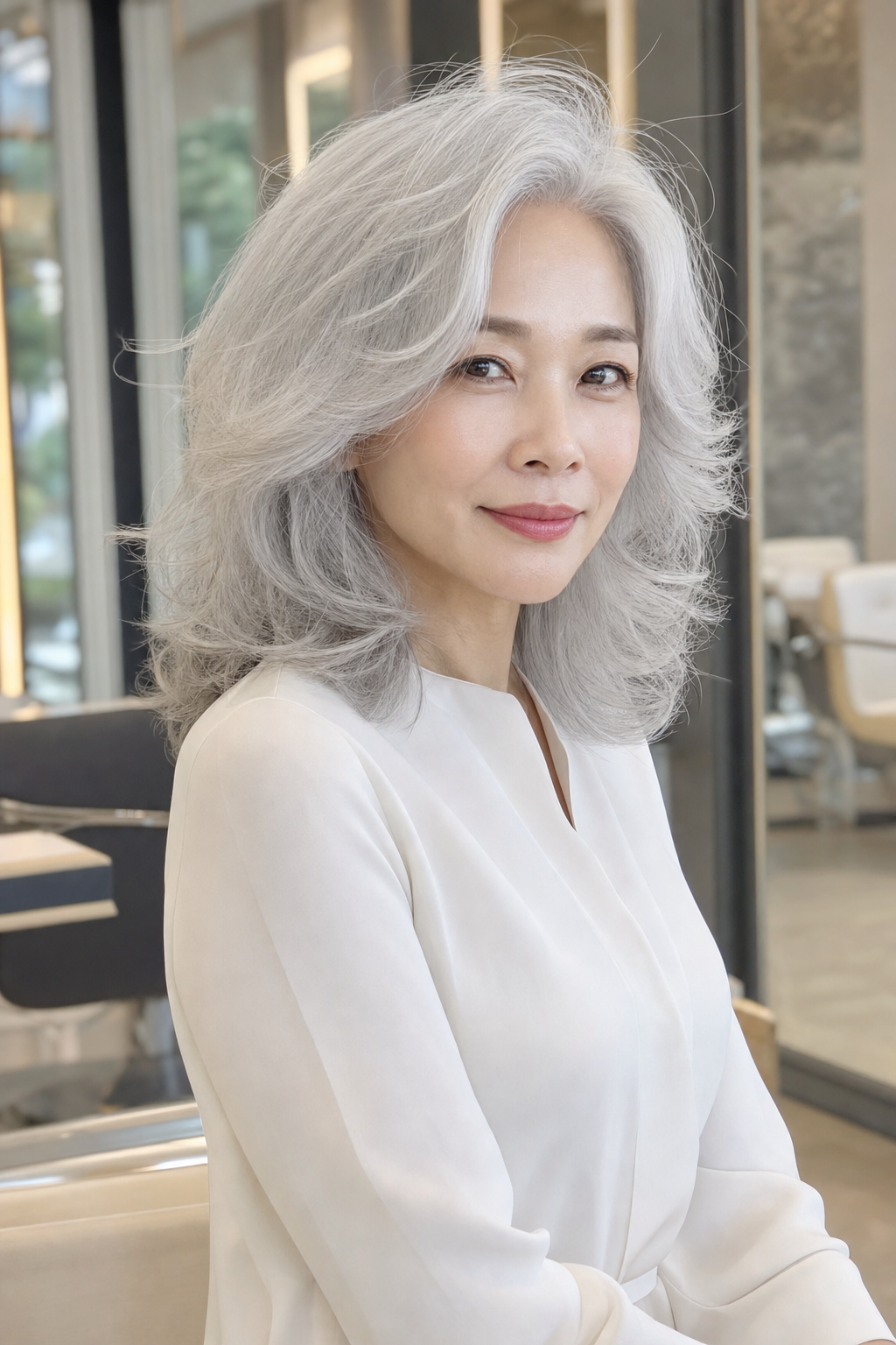 관리 쉬운 자연스러운 백발 펌 스타일의 전체 실루엣 이미지