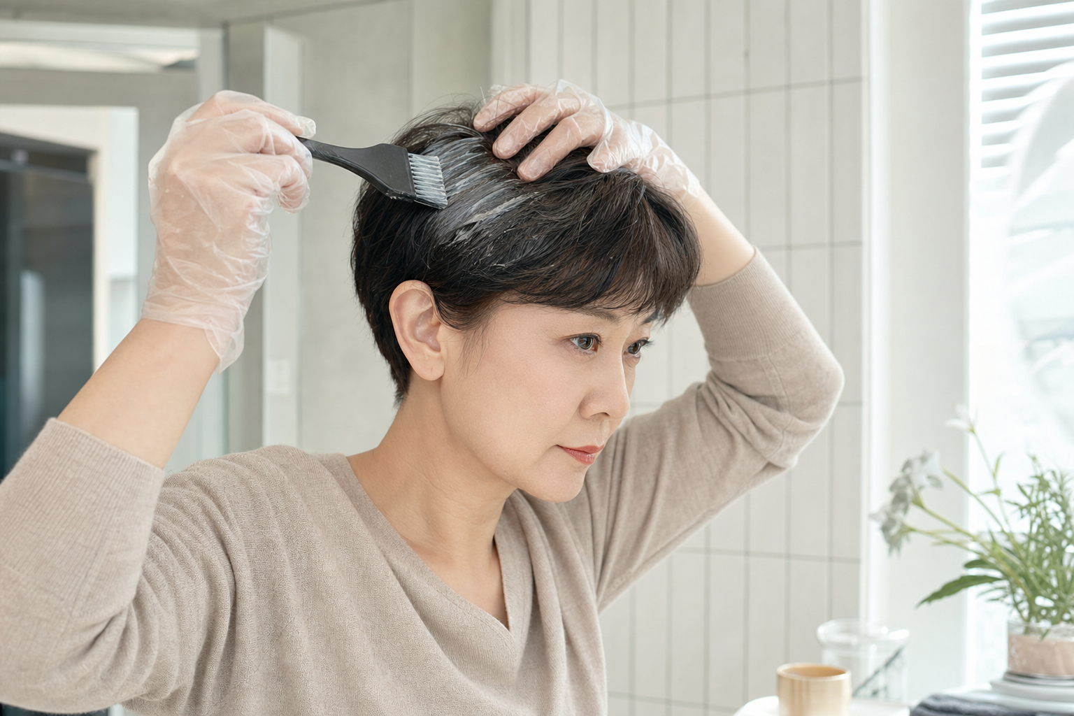 셀프 새치염색을 준비하는 자연스러운 홈 케어 장면