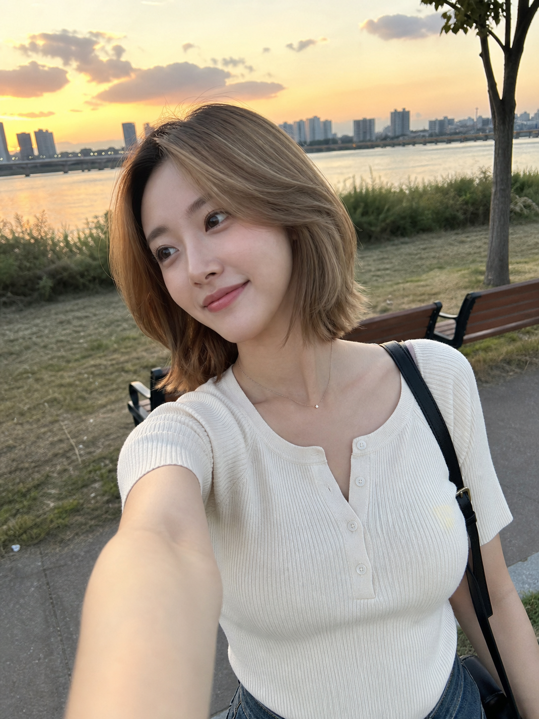한강공원 노을 아래 자연스러운 중단발 분위기