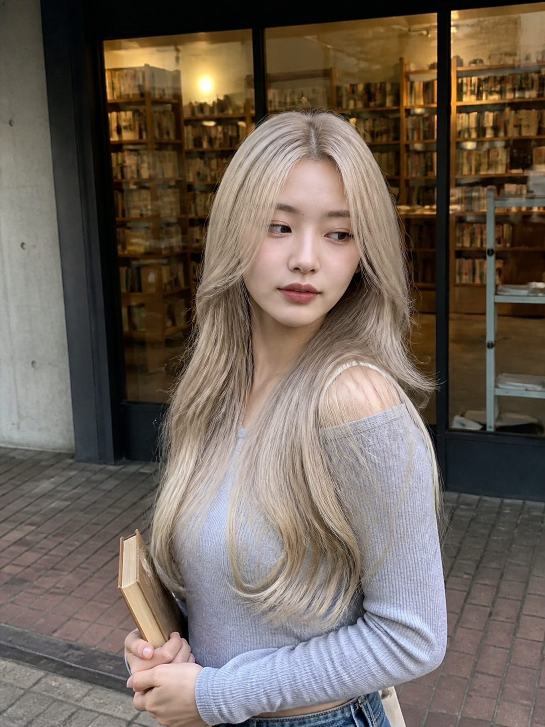 서점 앞에서 보이는 세련된 긴 생머리 느낌