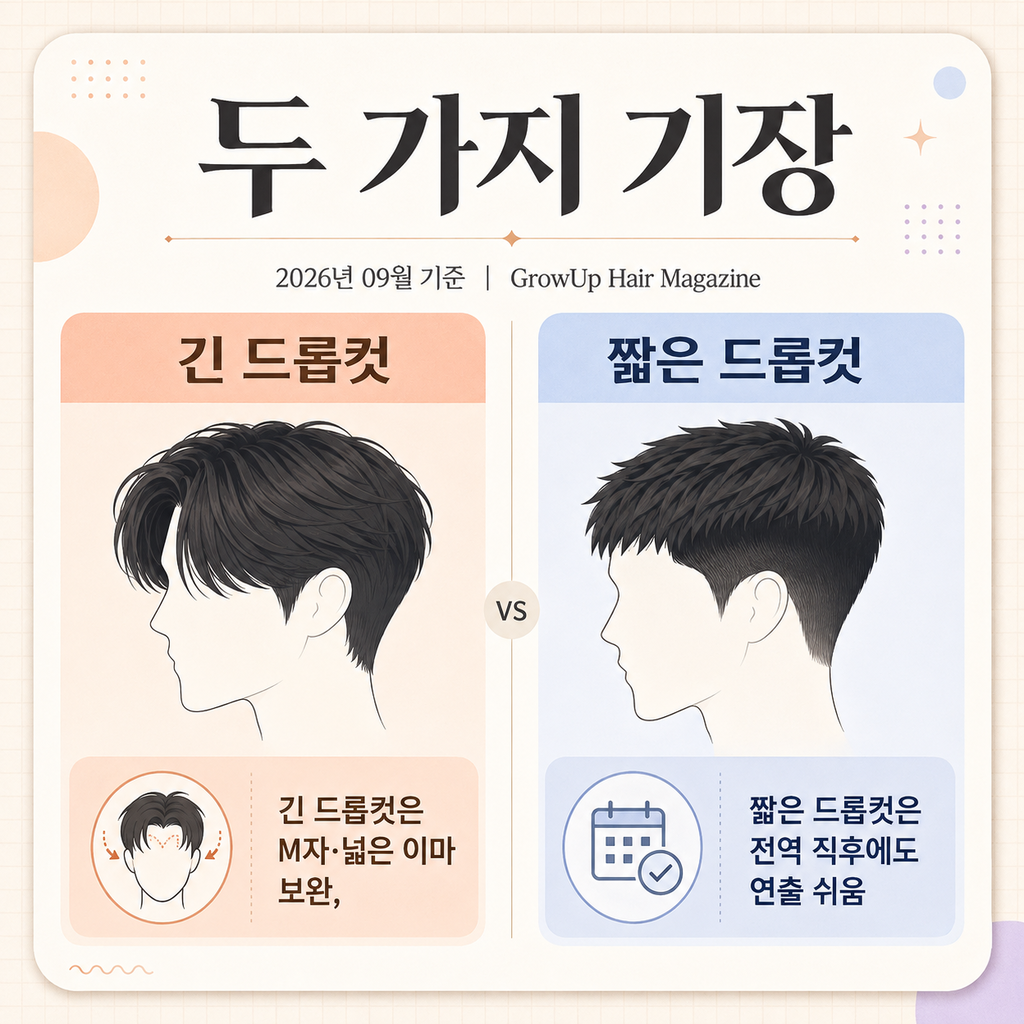 두 가지 기장 — 긴 드롭컷은 M자·넓은 이마 보완, 짧은 드롭컷은 전역 직후에도 연출 쉬움