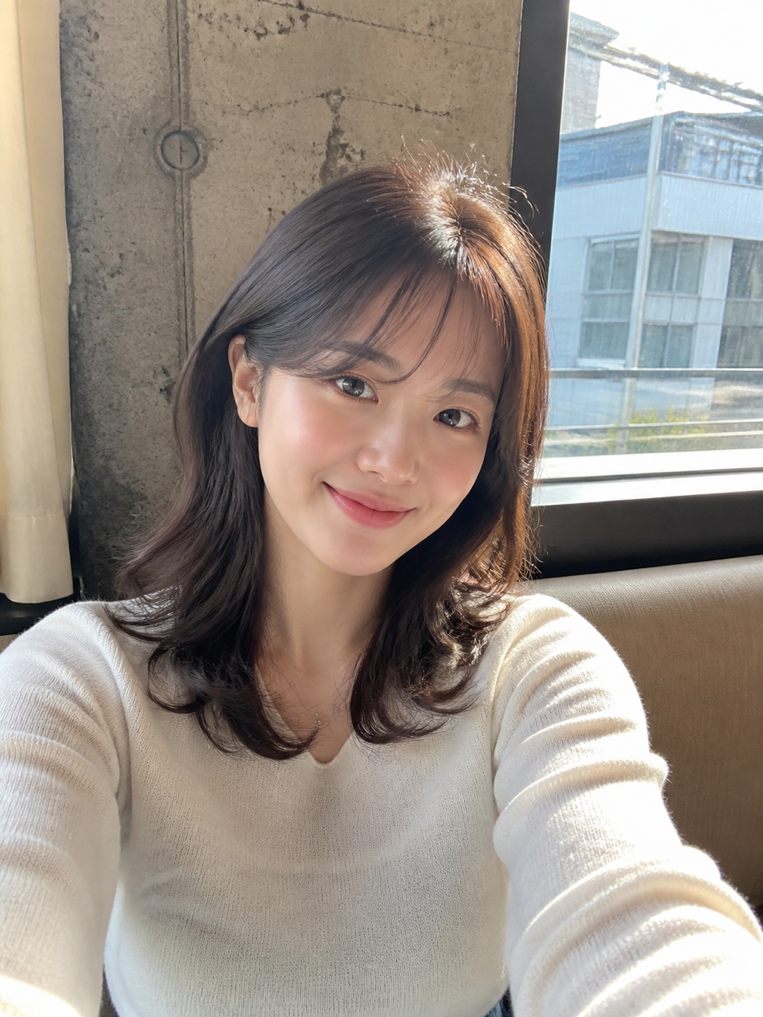 카페 창가에서 찍은 자연스러운 셀피