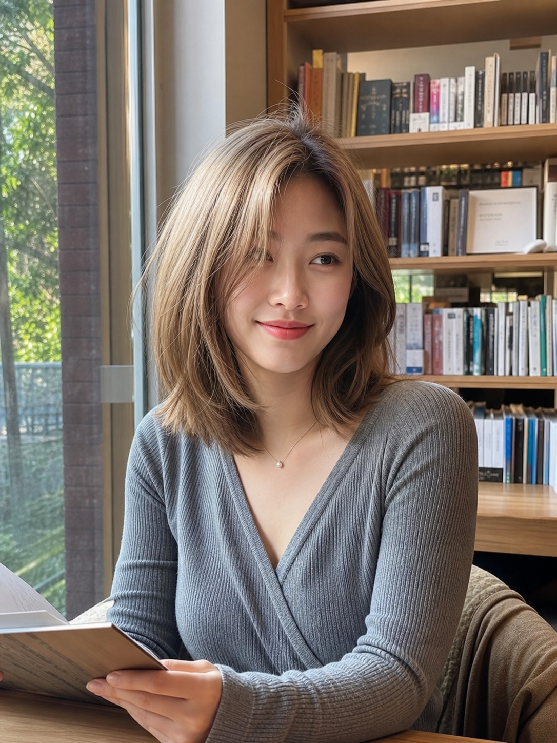 서점 창가에서 보이는 얼굴선을 감싸는 레이어드