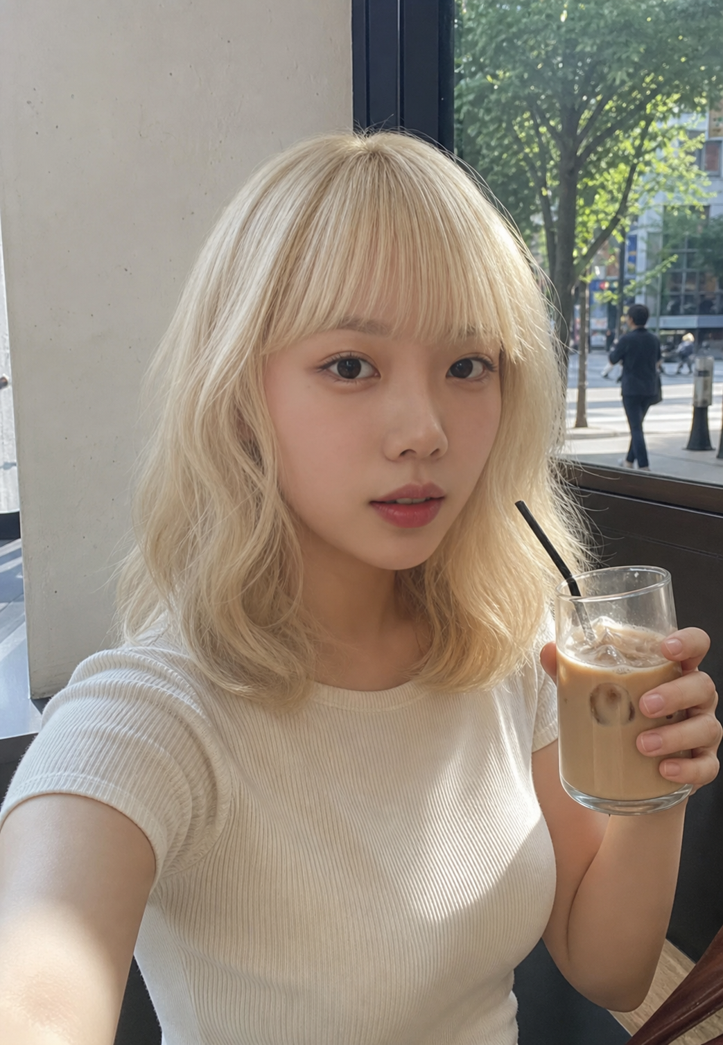 카페 창가에서 담은 플래티넘 블론드 칼단발 셀피