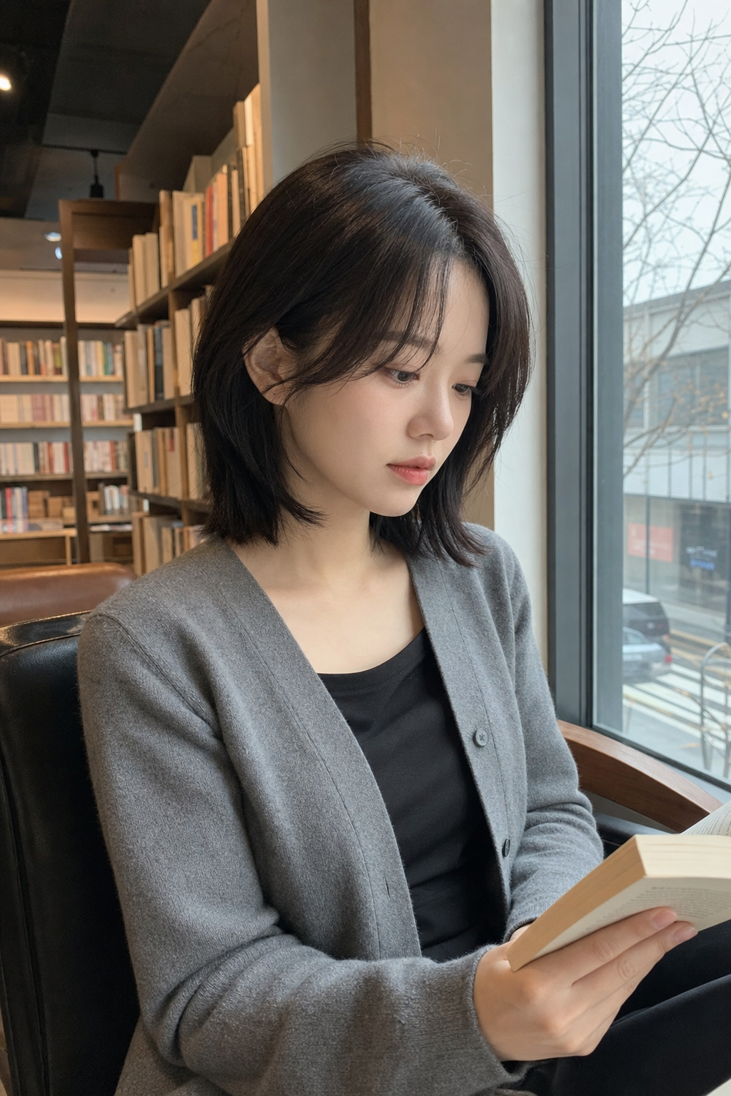 서점 창가에서 담백하게 보이는 얼굴형 보완 헤어