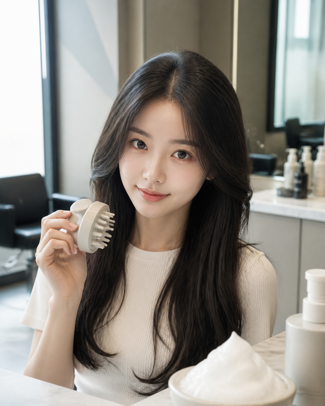 두피 케어 후 개운함과 볼륨감을 강조한 이미지