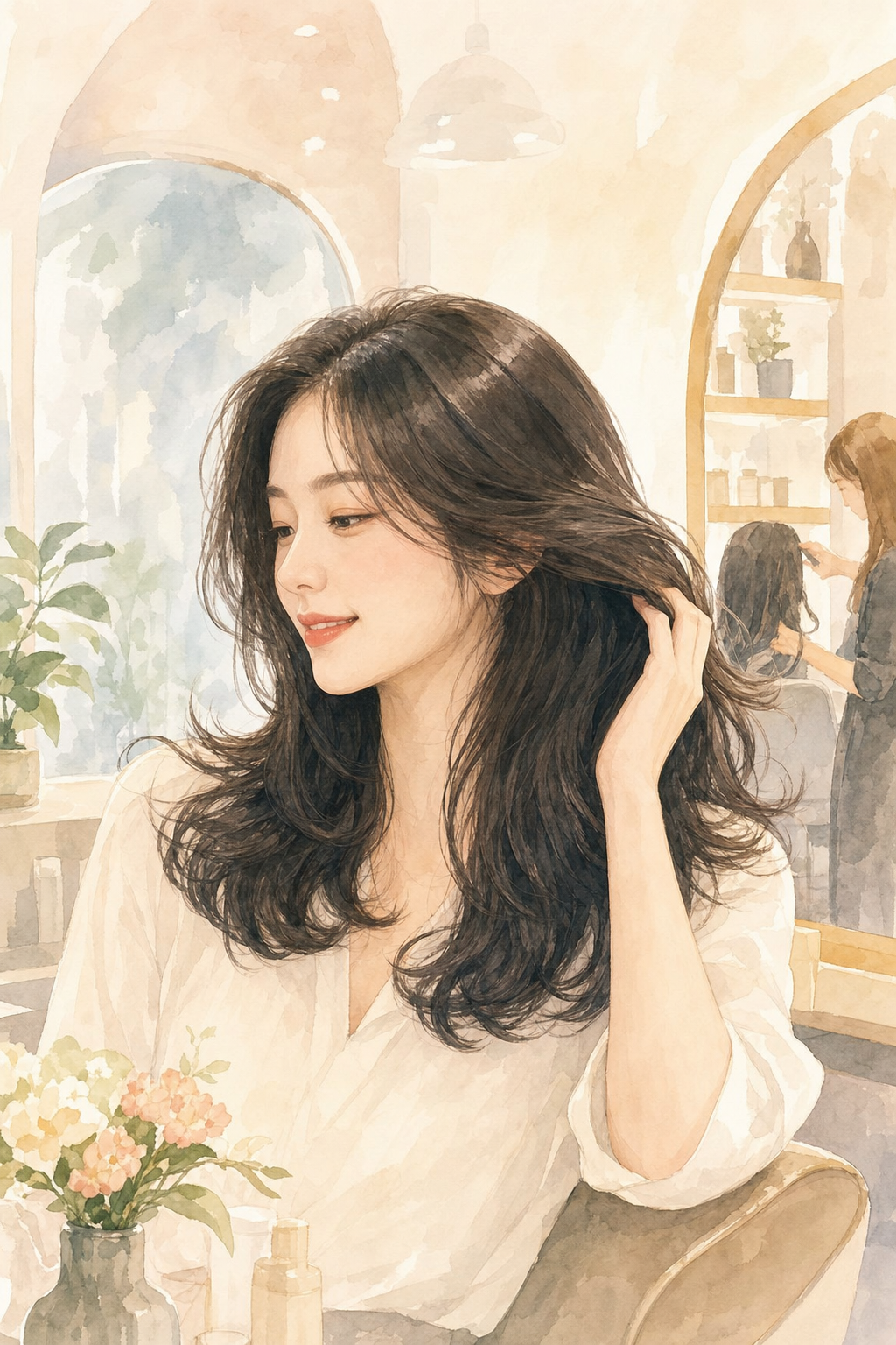 자연스러운 볼륨과 윤기를 자랑하는 건강한 머릿결의 젊은 여성. 볼륨매직 시술 후의 만족스러운 모습을 보여줍니다.