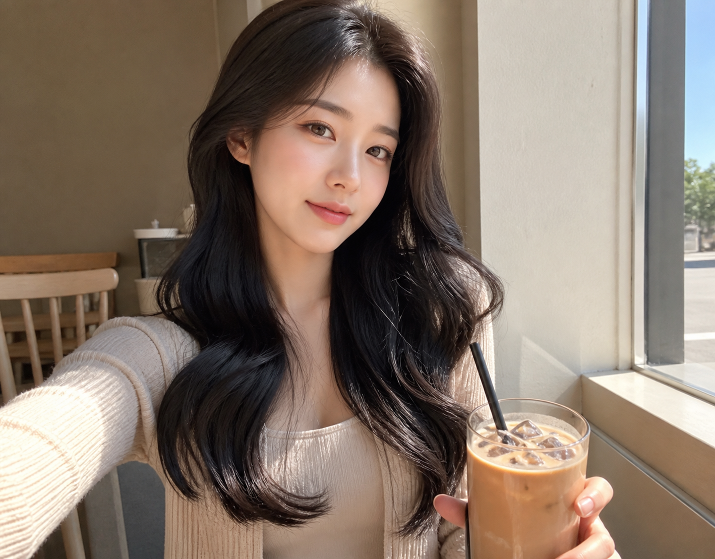 카페 창가 셀피, 차분한 롱헤어