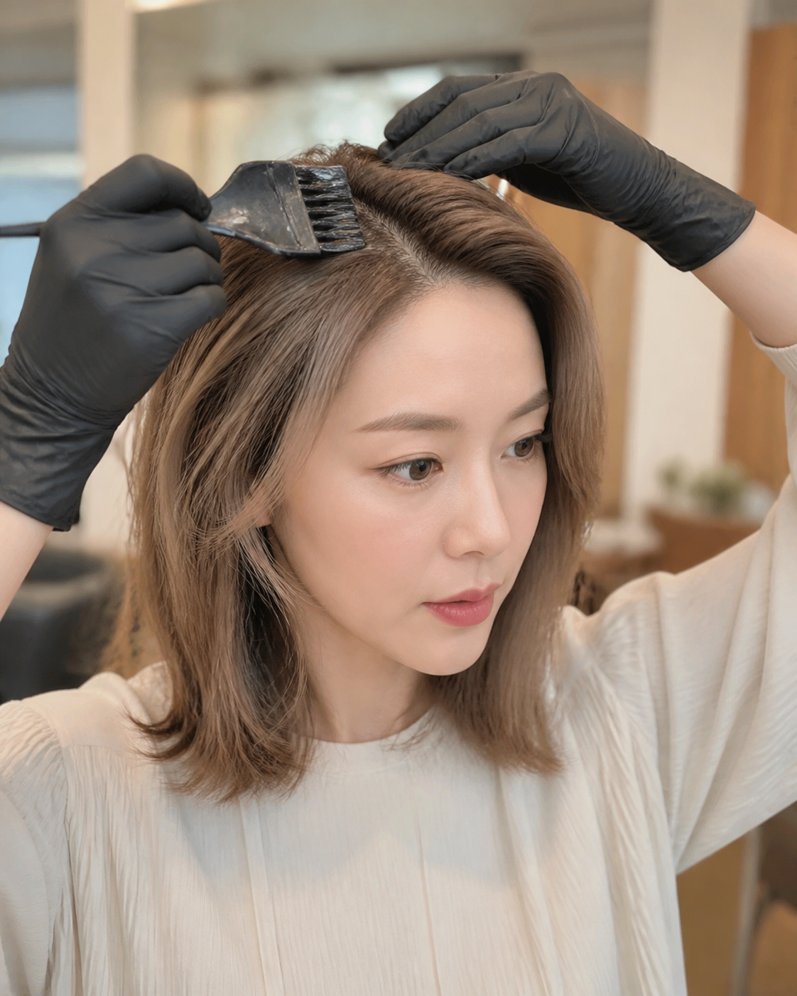 새치를 꼼꼼히 커버하는 흰머리염색 장면