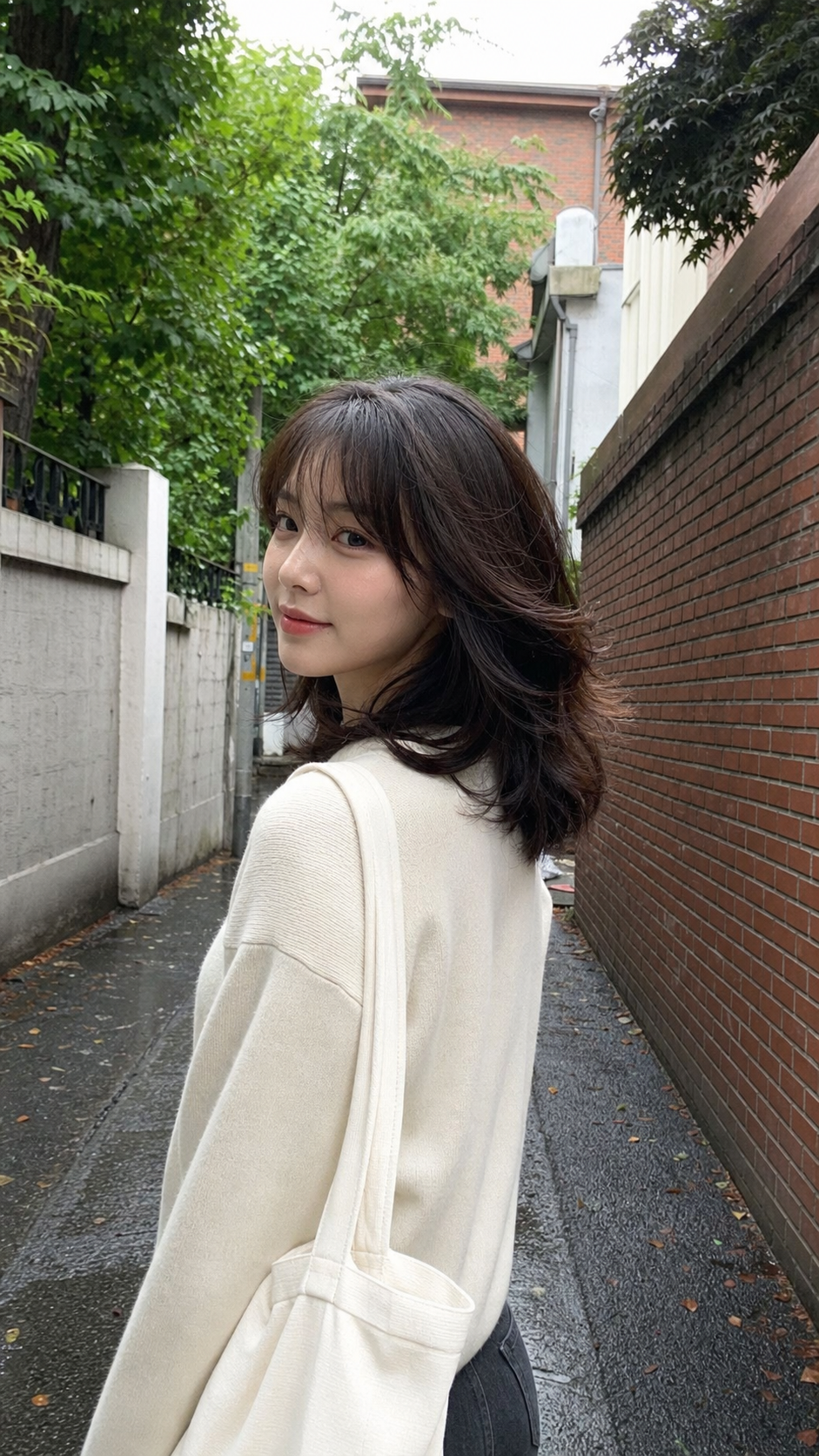 골목길에서 걷는 순간의 하니 스타일