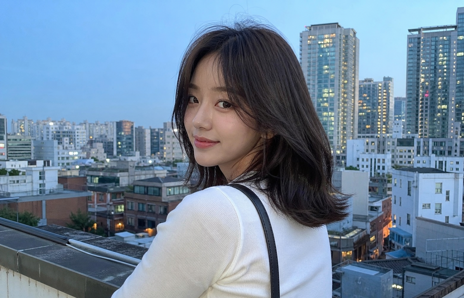 도심 야경 속 내추럴한 긴 레이어드 스타일