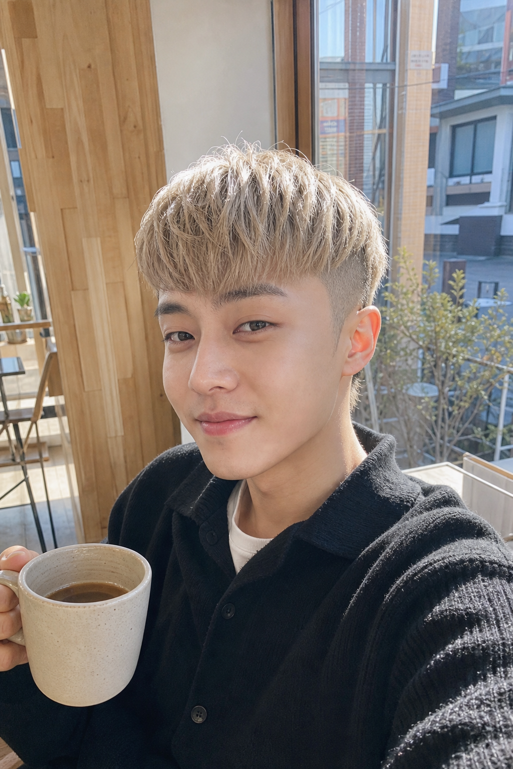 카페 창가에서 담은 자연스러운 시스루·쉼표머리 셀피