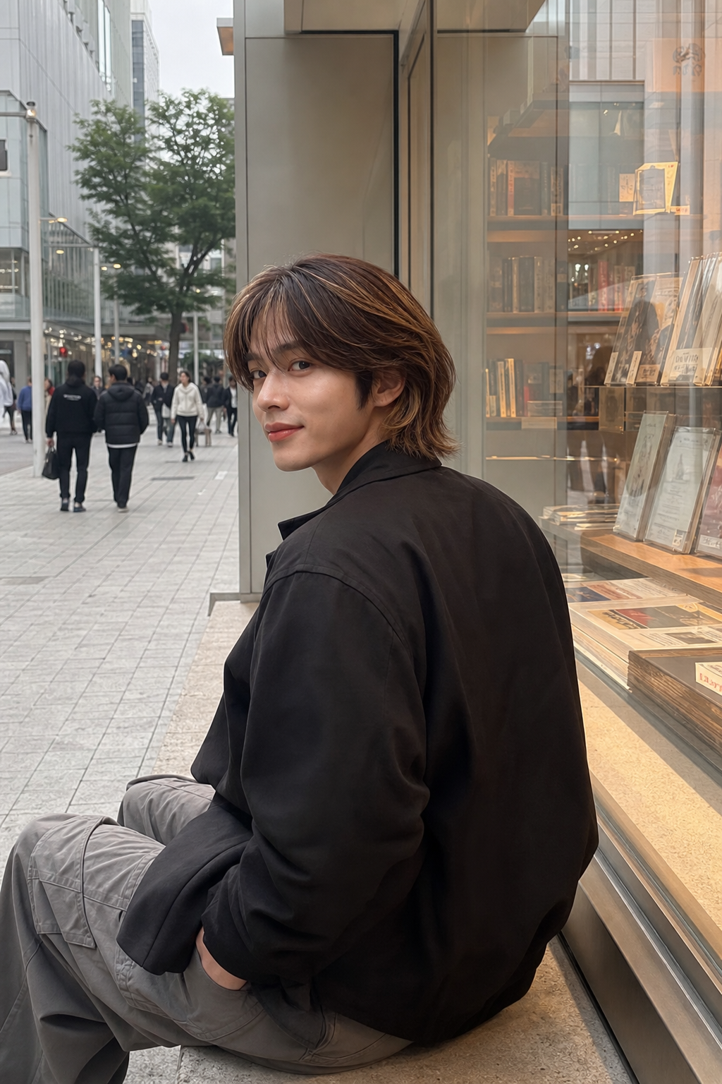 편집샵 앞에서 전체 실루엣과 헤어 톤이 보이는 전신 컷