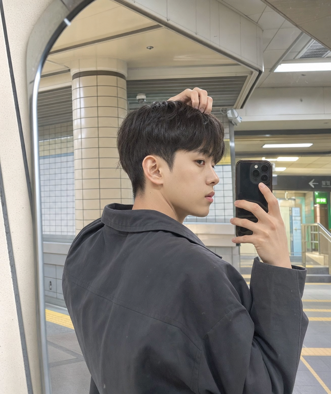 지하철역 거울 셀카 느낌의 정돈된 슬릭컷