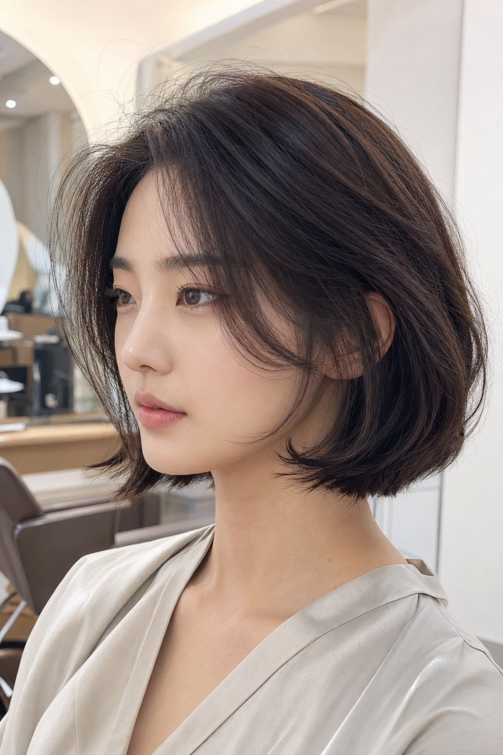턱선 아래 레이어드와 C컬로 완성한 단정한 단발 스타일